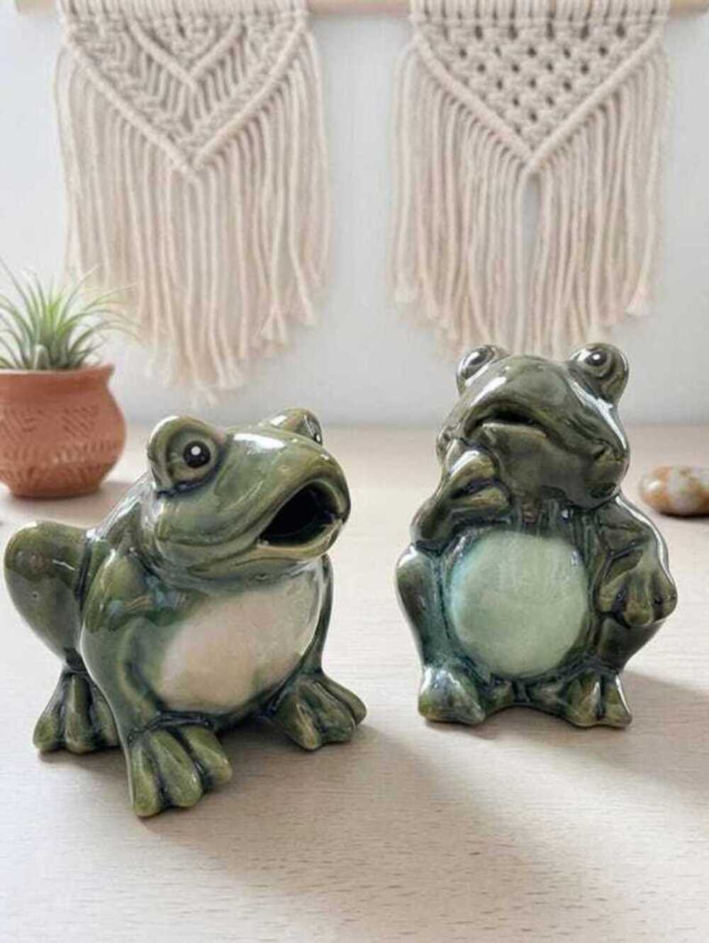 Frog Figurines Set: Vintage Ceramic, Green Drip Glaze (Speak & Hear No Evil)